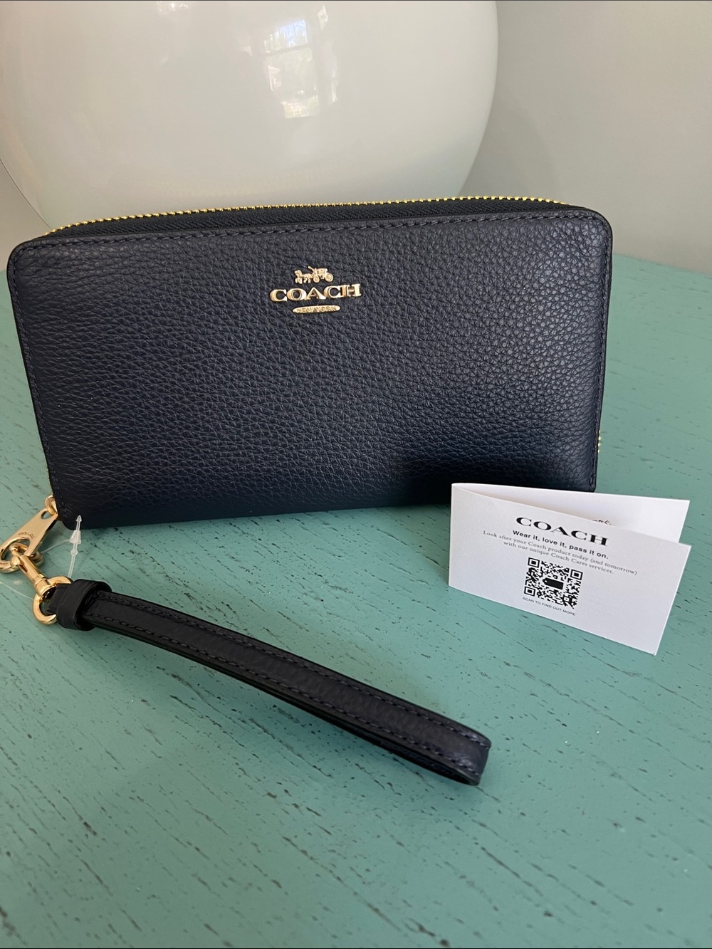 Coach Midnight Blue Pebbled Leather Long zip Card Wallet with Wristlet Gold Trim